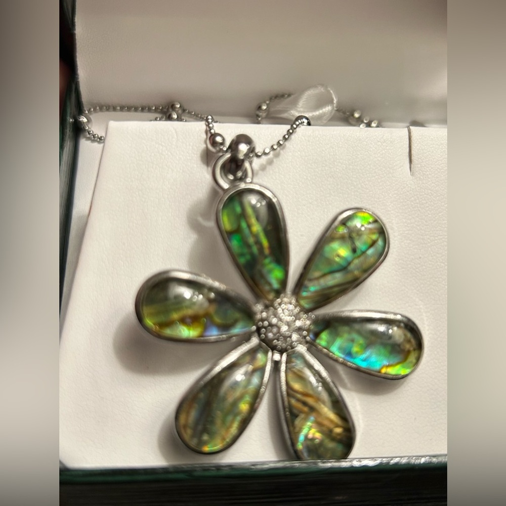 Lia Sophia Abalone Flower necklace with adjustable beaded chain.
